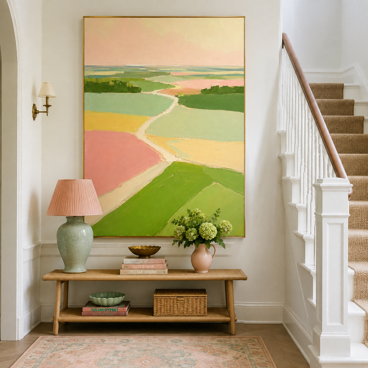 Minimalist Green And Pink Landscape Art For A Serene Bedroom Or Lounge