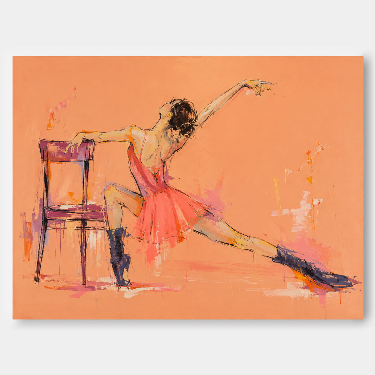 Vintage Modern Textured Art Hand-Painted Abstract Figure In Peach And Black Abstract Dancer Canvas Painting