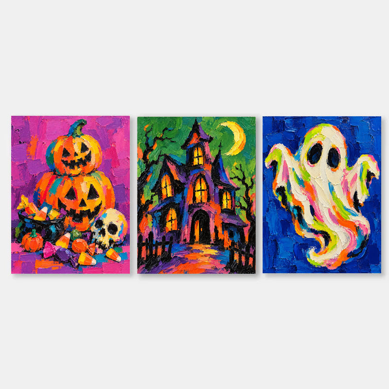 3P Hand-Painted Halloween Pumpkin Ghost Haunted House Canvas Art Set