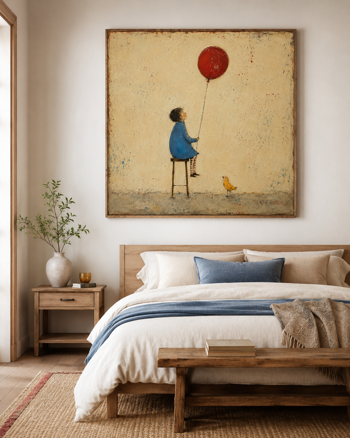 Retro Fairy Tale Illustration Original Canvas Painting Beige Blue Hand-Painted Child With Red Balloon And Bird Vintage Canvas Art