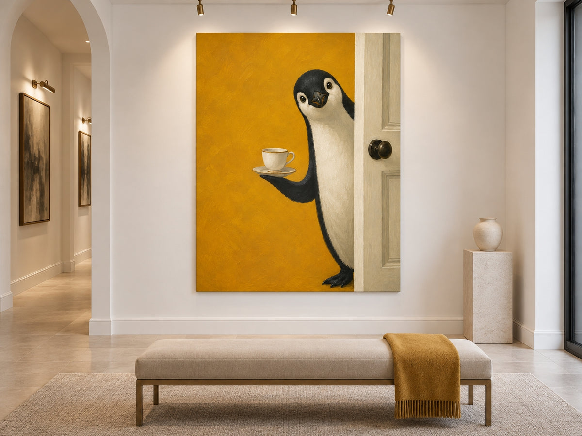 Hand-Painted Penguin With Tea Cup Modern Animal Canvas Art