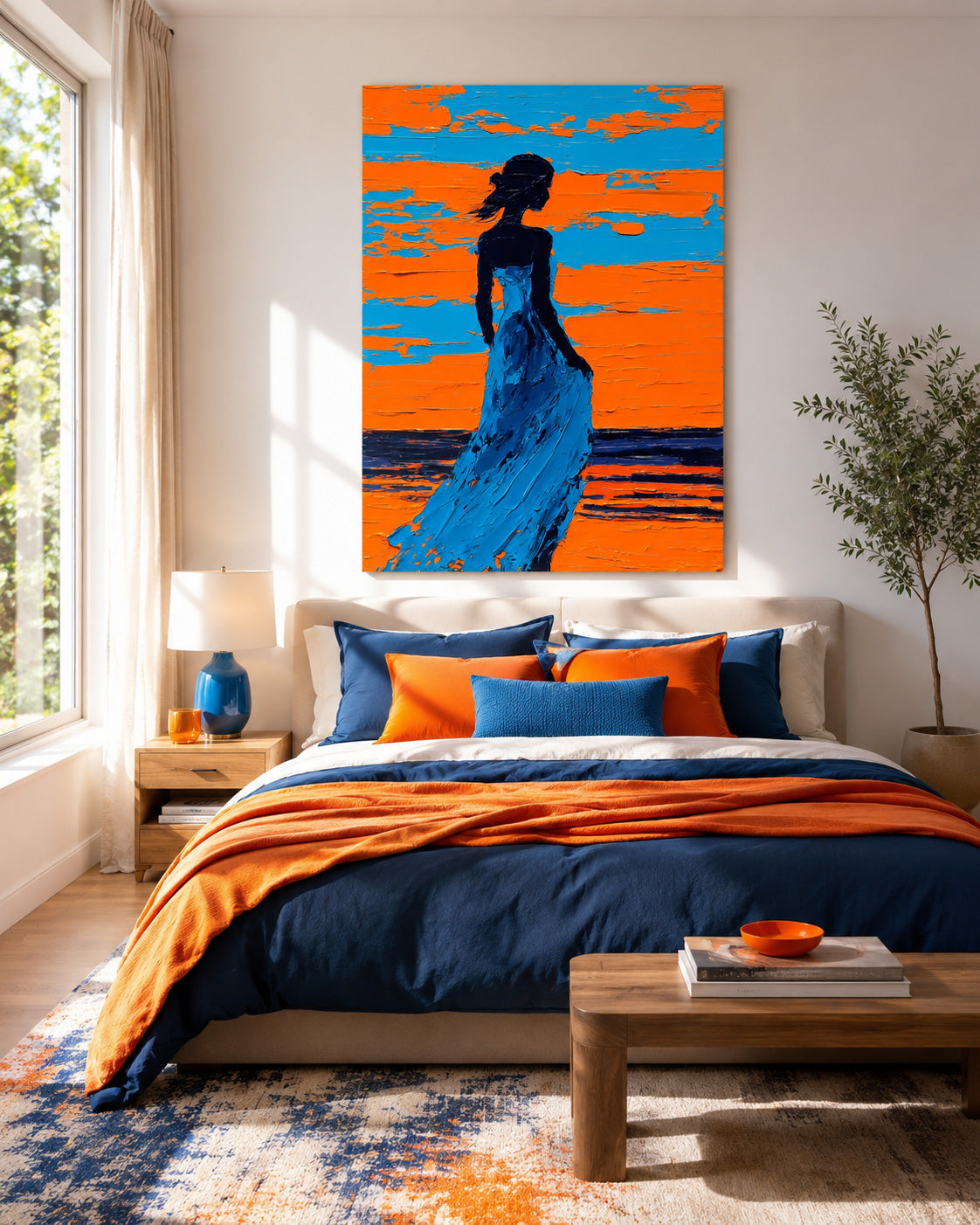 Contemplative Woman Silhouette Against Sunset Ocean Original Oil Painting For Wall Art