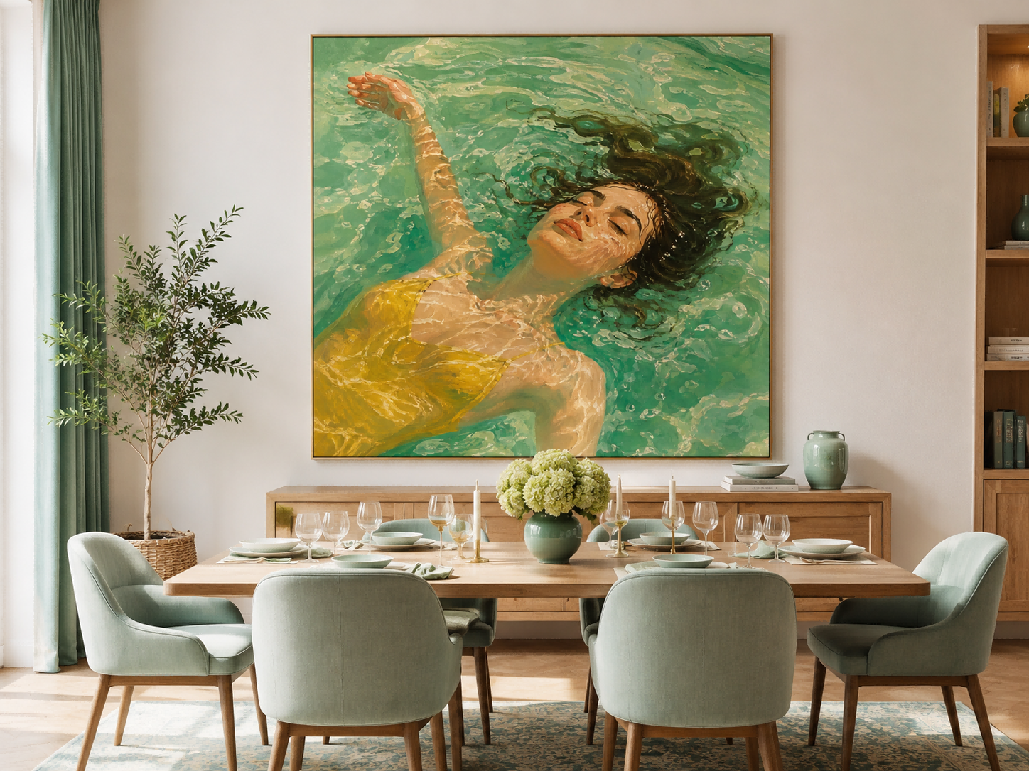 Realistic Oil Painting Of Woman Floating In Pool With Sunlight And Green Water For Modern Home Decor