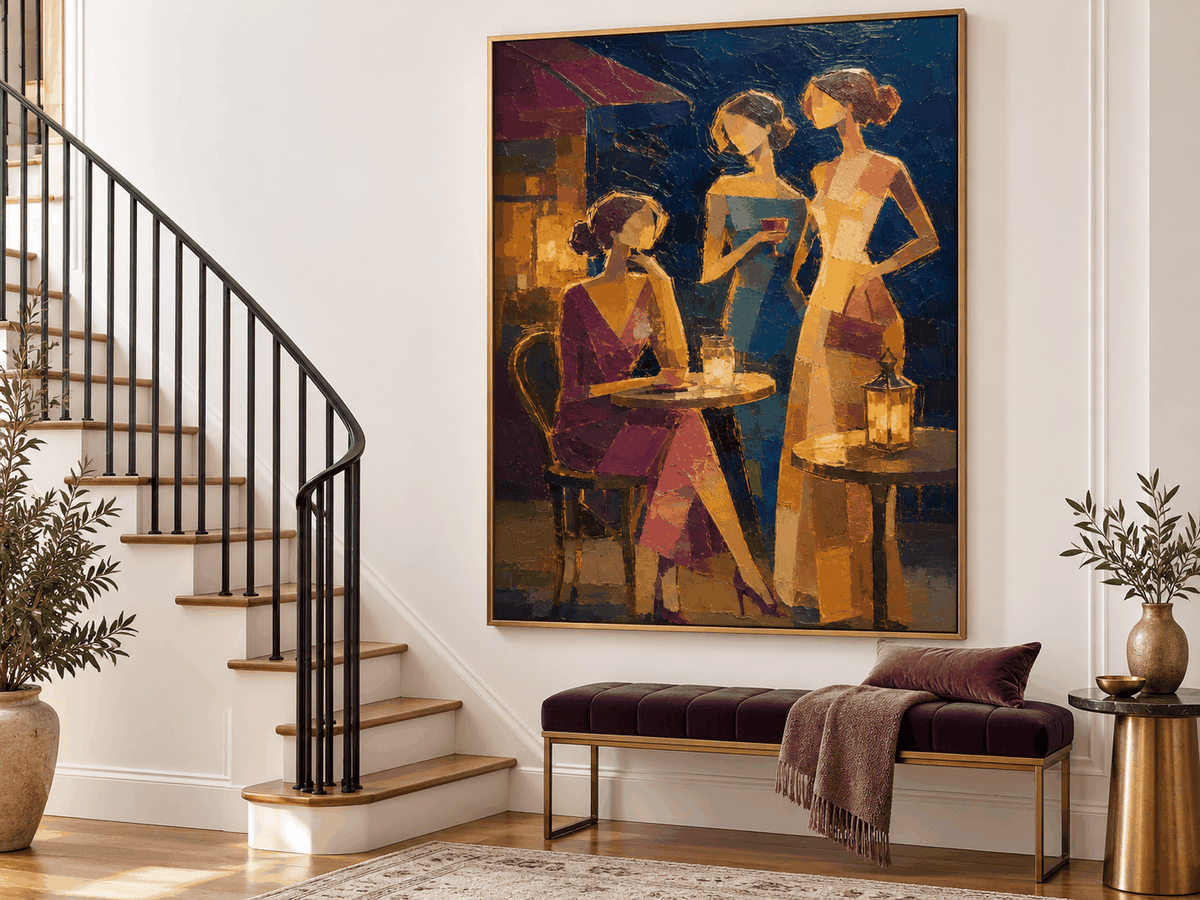 Vintage Women At Night Bar Hand-Painted Canvas Art In Blue And Gold