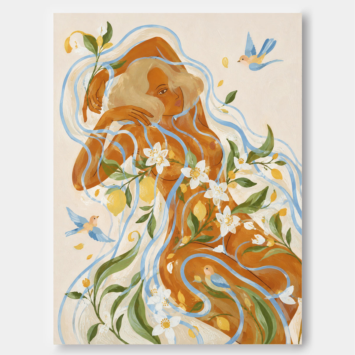 Hand-Painted Woman With Lemon Flowers And Birds Canvas Art