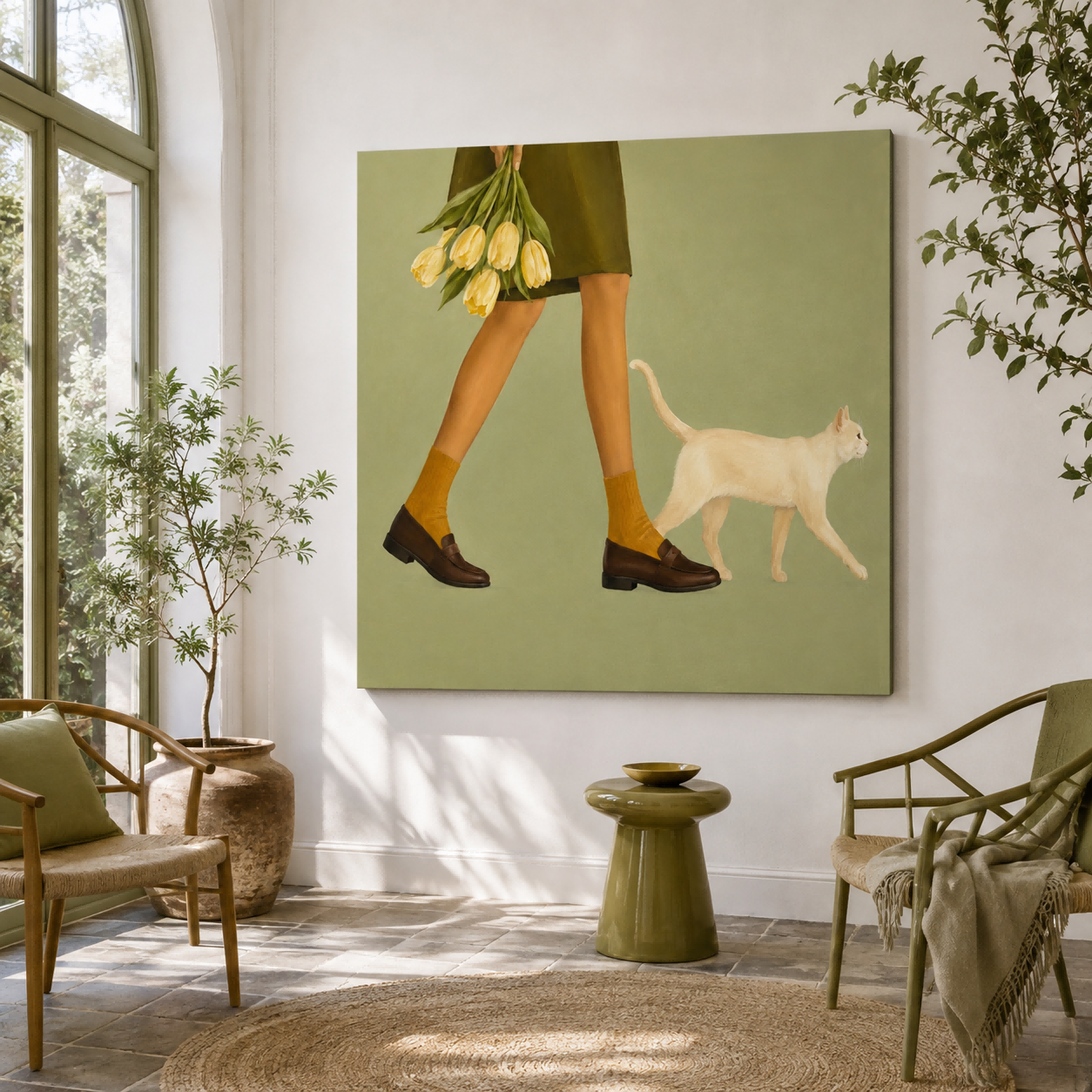 Minimalist Figurative Oil Painting Of Daily Life Moments Woman With Tulips And Cat Hand-Painted Canvas Art