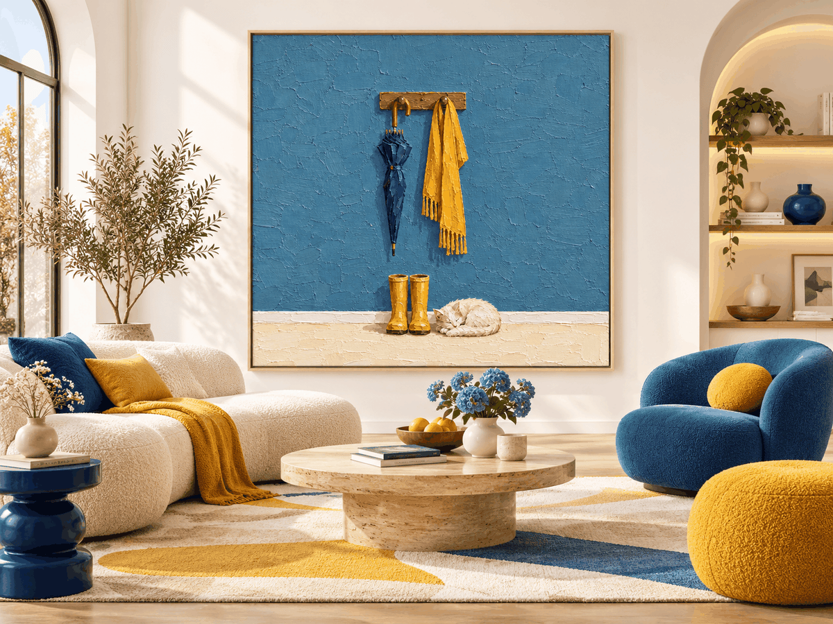 Textured Modern Rustic Painting With Warm Color Contrast And Pet Theme