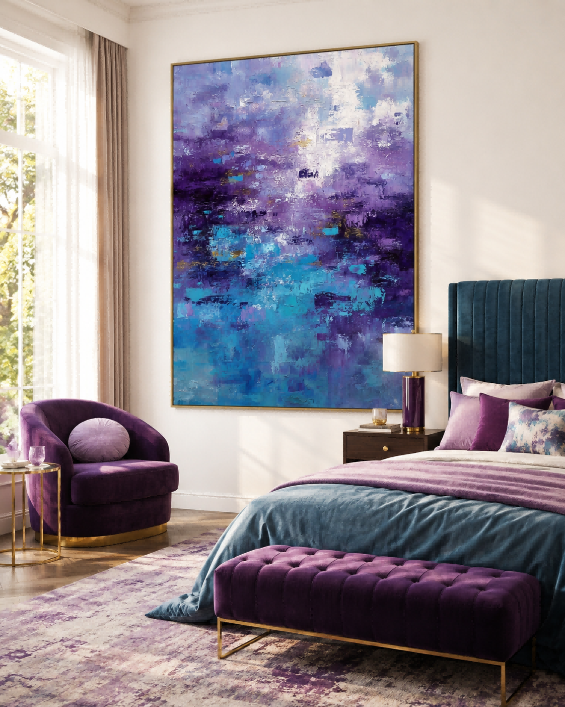 Large Abstract Purple Blue Painting With Textured Brushstrokes For Modern Home Decor