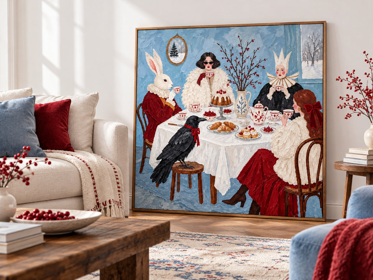 Surreal Winter Tea Party With Rabbit Hand-Painted Canvas Art In Red And Blue