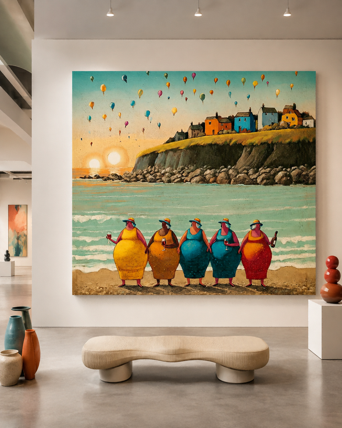 Colorful Women By The Sea Square Canvas Art For Living Room Decor