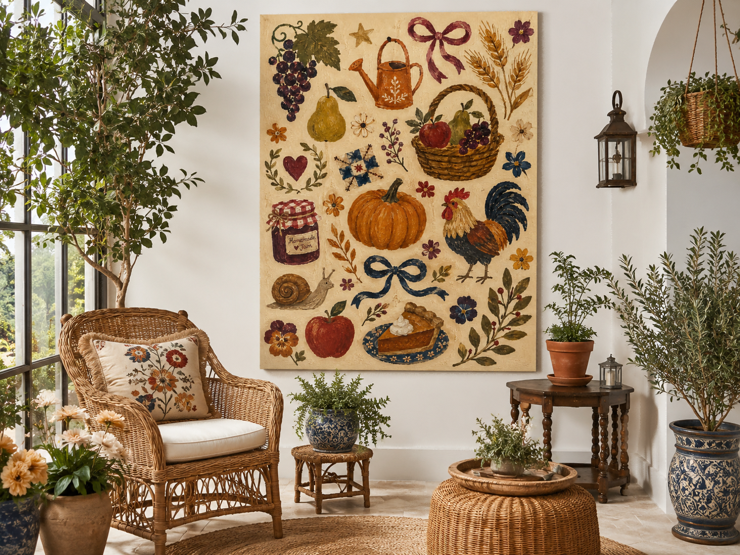 American Country Style Wall Art Vintage Collage Of Fruits And Flowers On Canvas