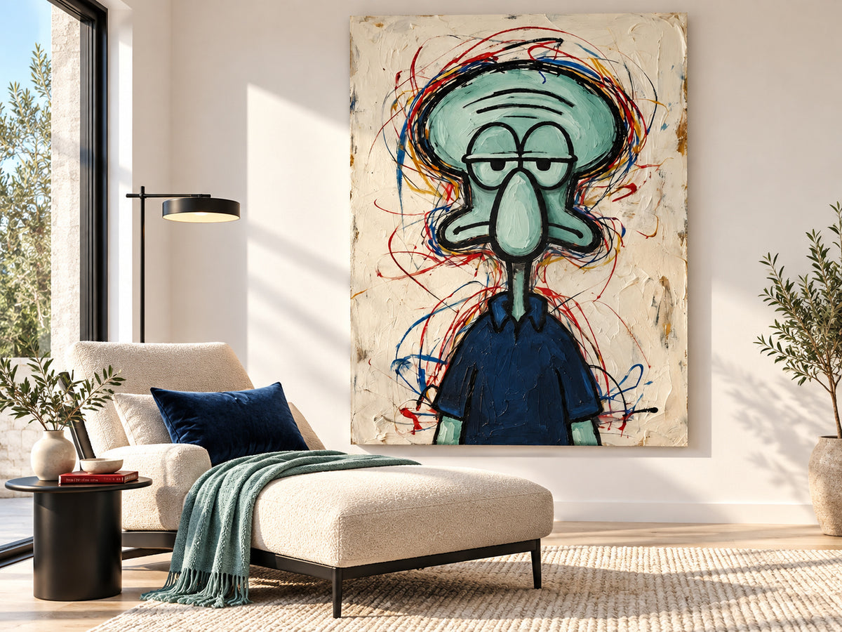 Hand-Painted Squidward Portrait With Colorful Graffiti Lines On Canvas