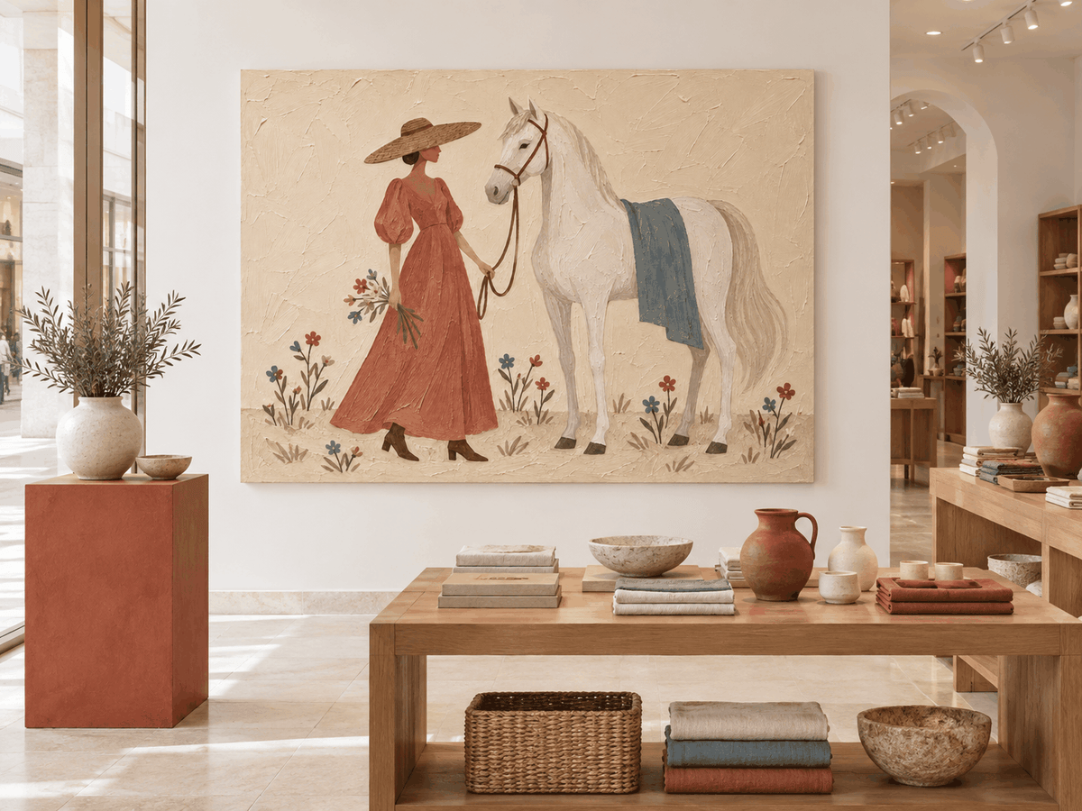Woman With White Horse Hand-Painted Canvas Art In Vintage Red Dress
