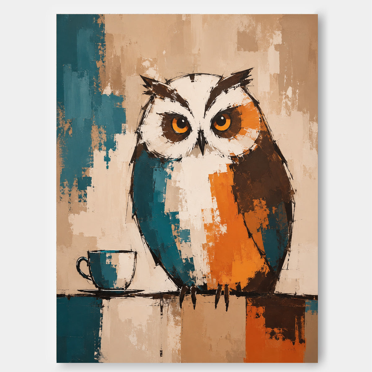 Minimalist Textured Canvas Art With Retro Color Block Design And Owl Theme