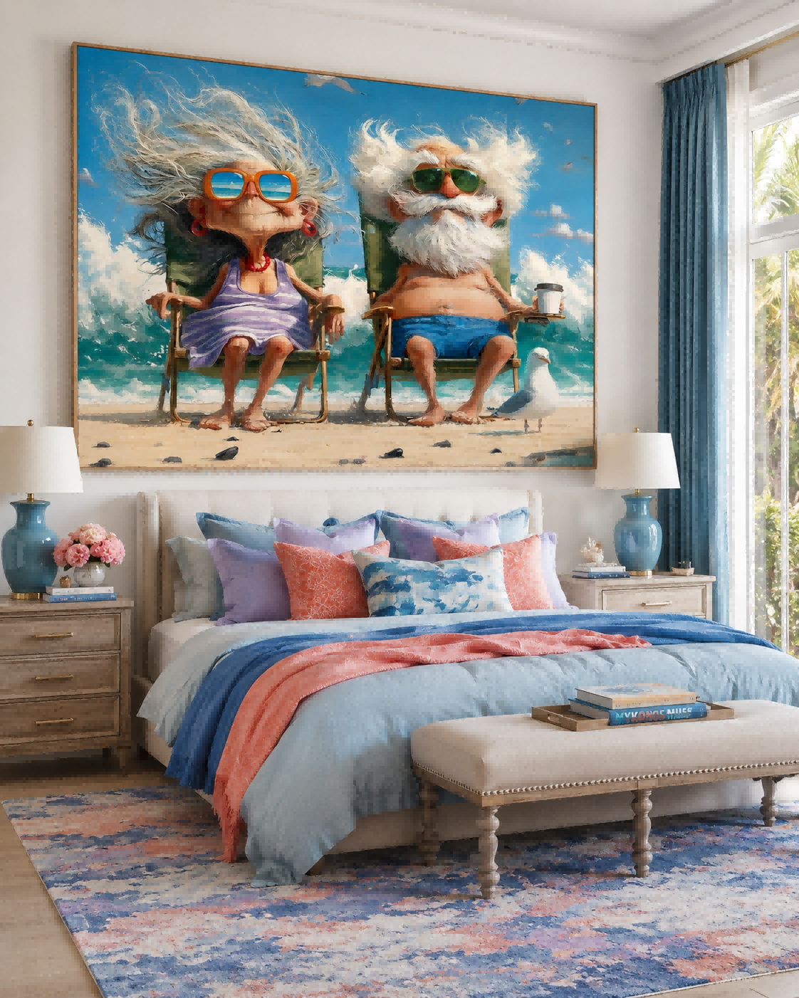 Quirky Modern Caricature Painting Of Seniors At Beach Great For Contemporary Wall Art Collections