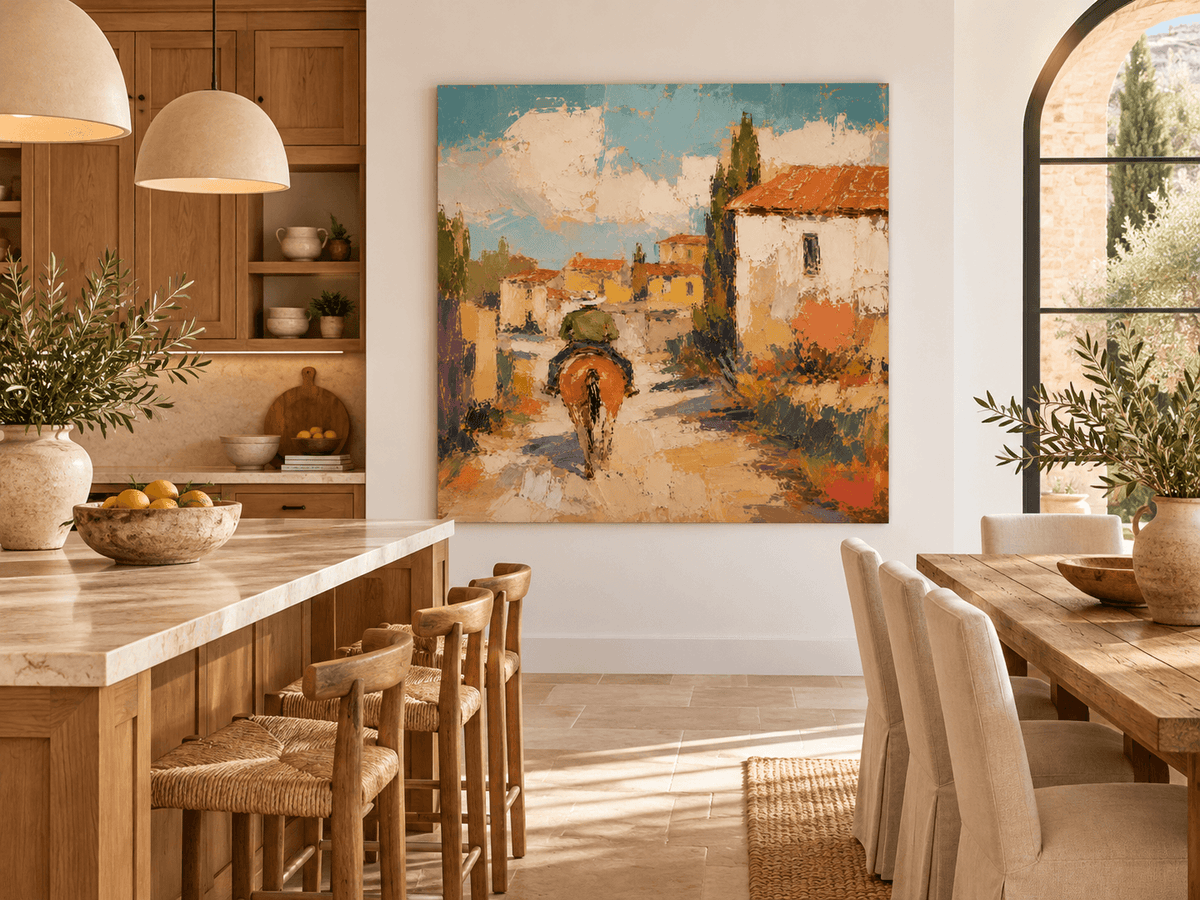 Impressionist Tuscan Style Painting Warm Tones Textured Square Canvas