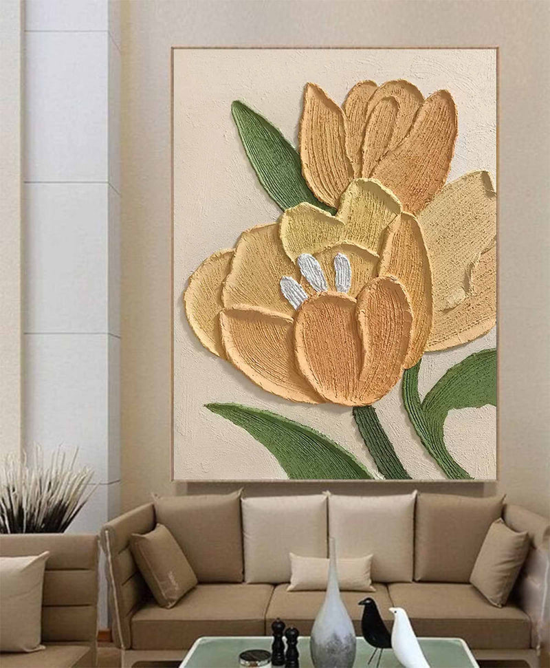 Warm Yellow Modern Floral Oil Painting On Canvas Large Textured Floral Acrylic Painting Original Flower Wall Art Home Decor