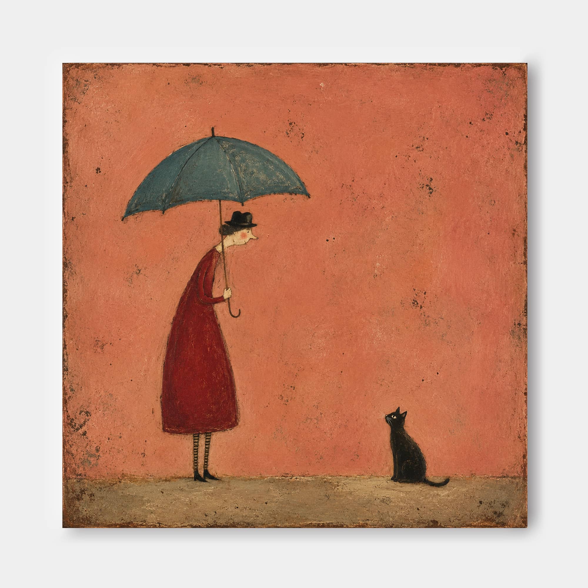 Whimsical Retro Illustration Style Original Art On Canvas Lady With Umbrella And Black Cat Vintage Canvas Painting