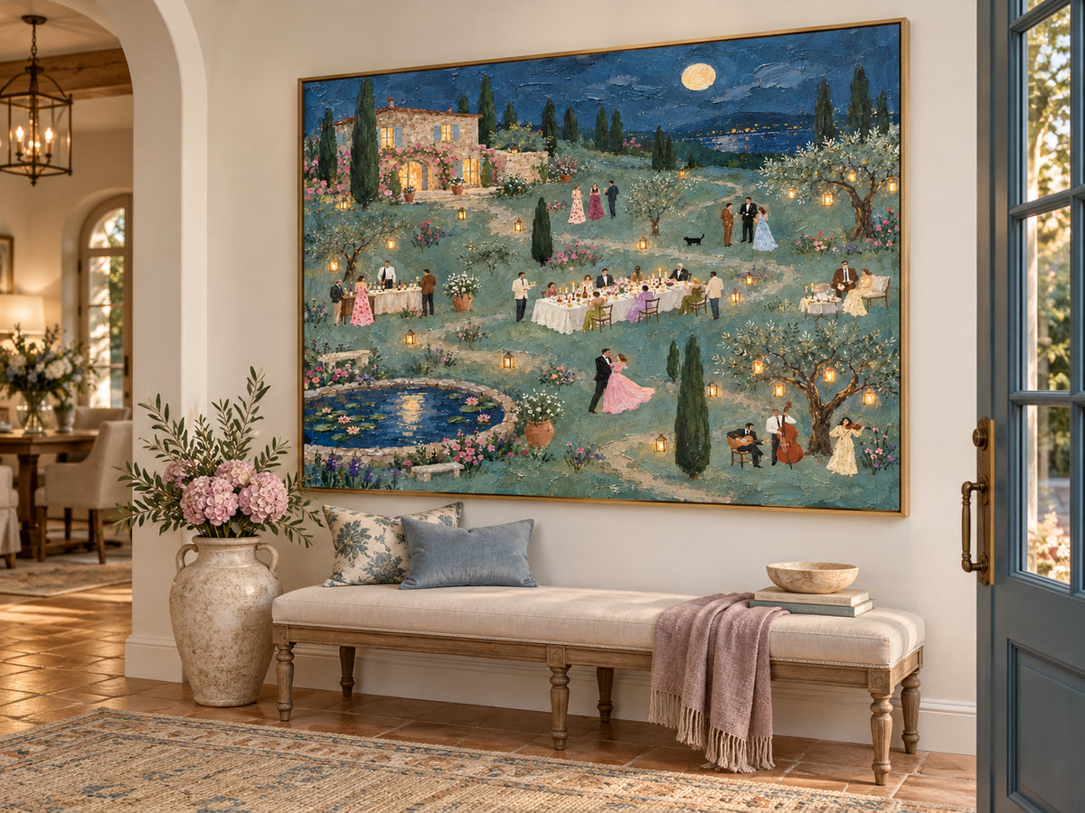 Tuscan Villa Dinner Party Hand-Painted Canvas Wall Art With Moonlight And Garden
