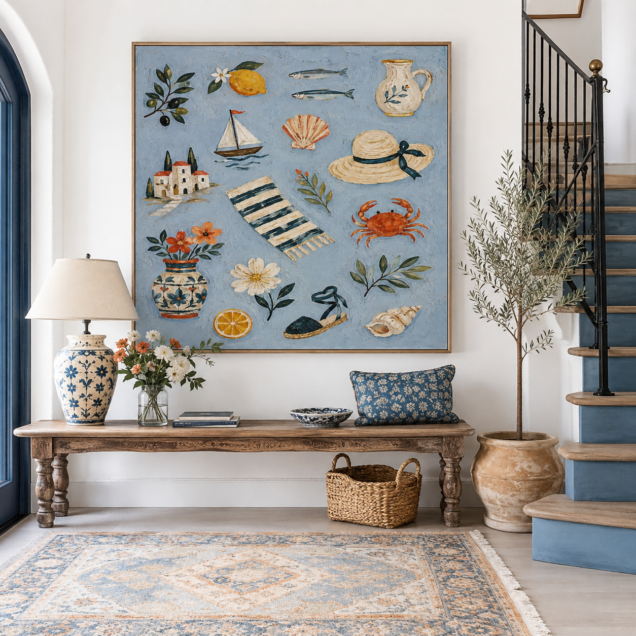 Mediterranean Bohemian Square Oil Painting With Sea Life And Lemons For Living Room Decor