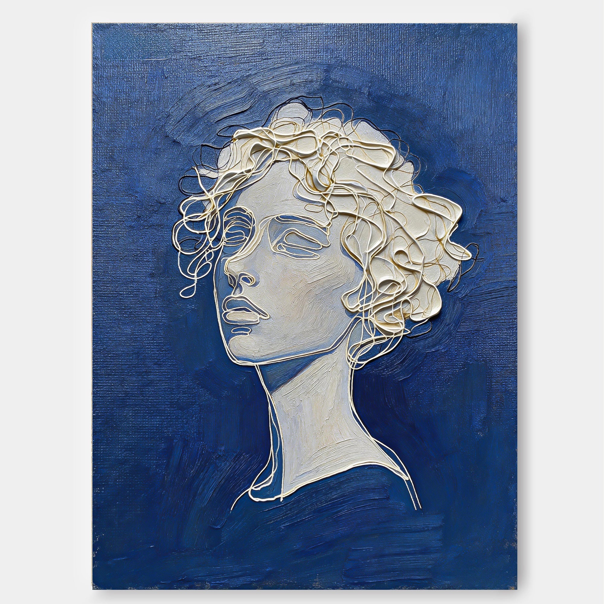 Modern Blue And Gold Line Art Portrait Painting For Living Room Decor