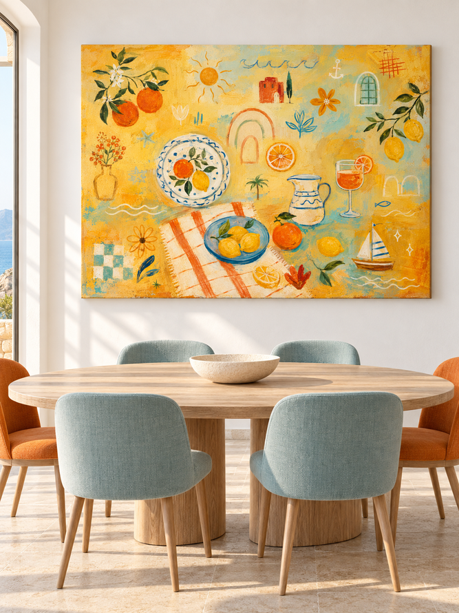 Hand-Painted Citrus Fruit And Sailboat Canvas Art With Warm Yellow Tones