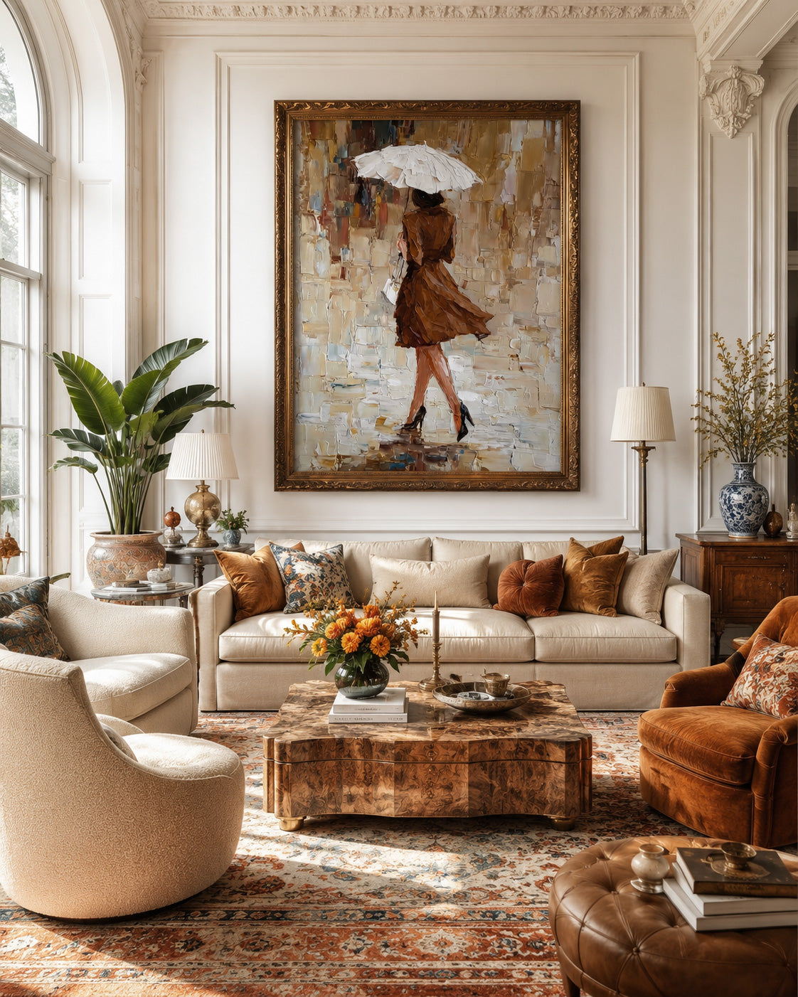 Modern Figurative Art Elegant Lady With Umbrella Oil Painting For Bedroom Wall Decor