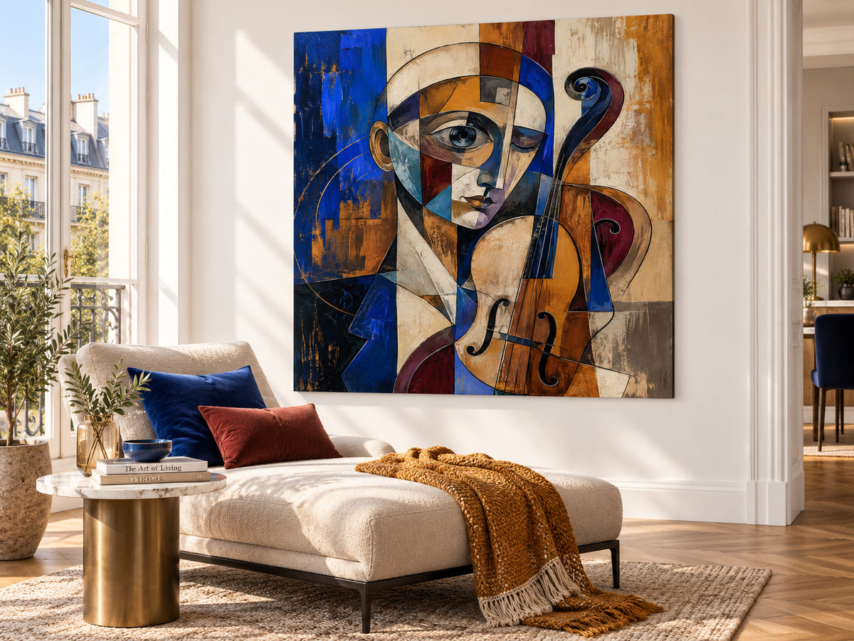 Vintage Geometric Picasso Style Painting With Textured Blue Gold Tones