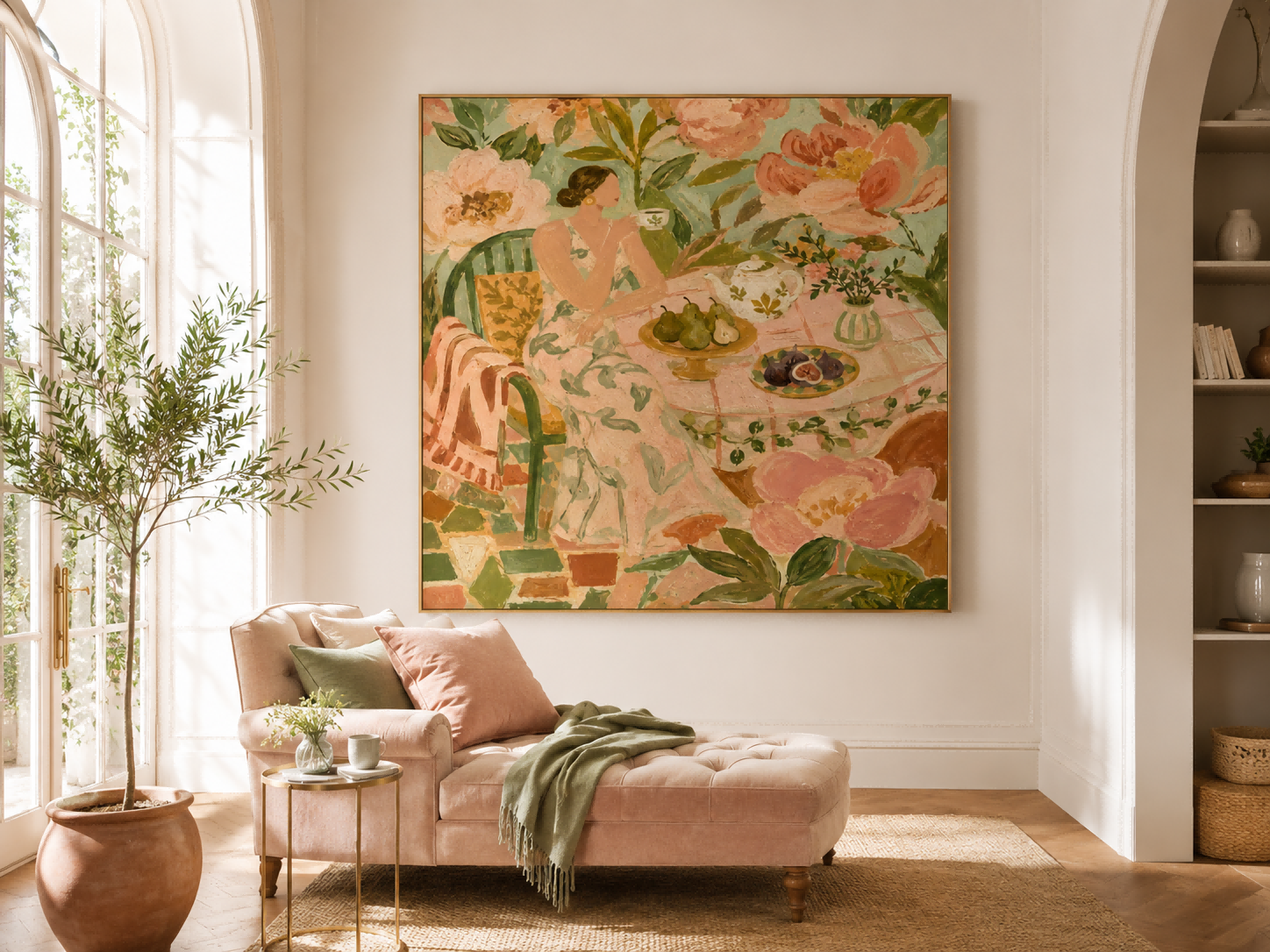 Whimsical Art Deco Style Oil Painting Of Lady In Garden Setting