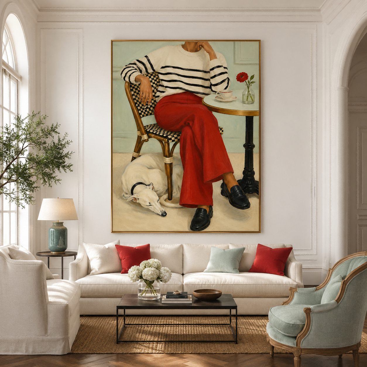 Modern Realist Portrait Of Woman And Pet Casual Elegance Hand-Painted Canvas Artwork
