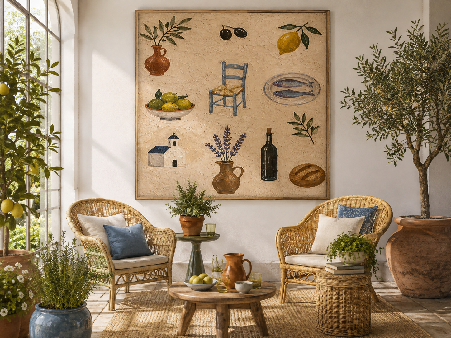 Greek Island Style Living Room Art Blue Chair And Lavender Square Painting