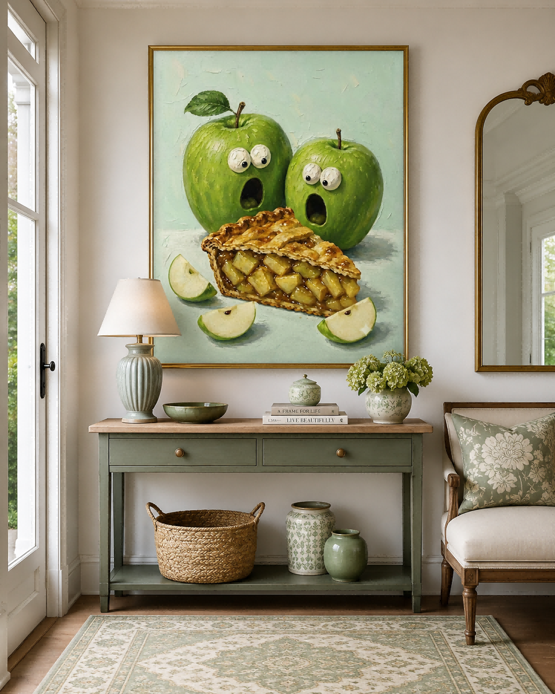 Whimsical Green Apple Pie Painting Abstract Food Art For Modern Kitchen Wall Decor