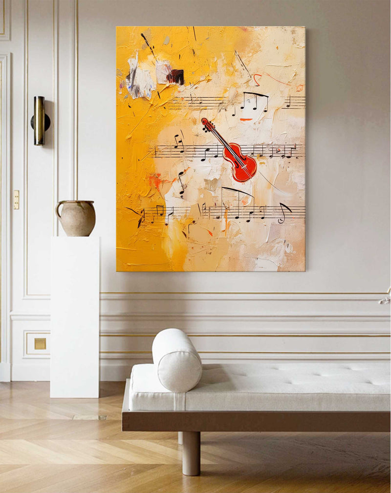 Large Modern Violin Notes Abstract Wall Art Original Oil Painting Canvas Bright Yellow Oil Painting for Home Decor