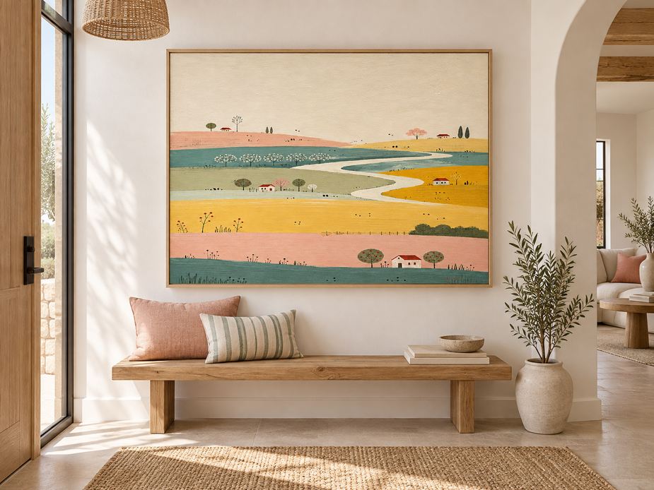 Modern Cream Style Canvas Painting With Whimsical Cottage And Path