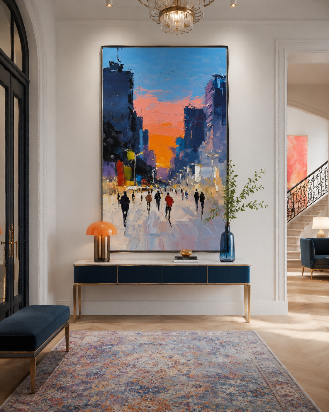 Original Textured Canvas Painting Of City Sunset With Abstract Architecture And People Silhouettes
