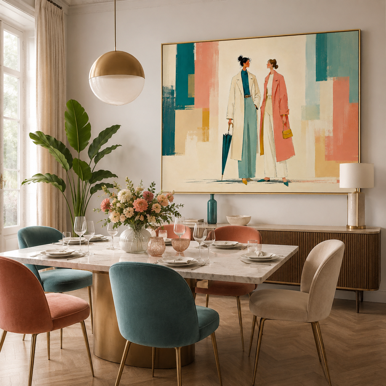 Modern Geometric People Art Print With Teal And Coral For Living Room Decor