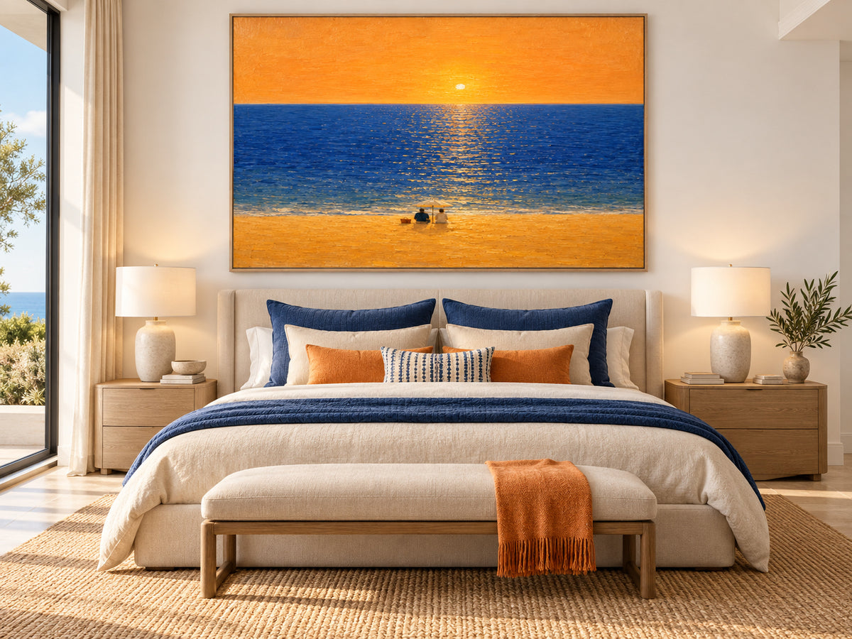 Romantic Sunset Beach Couple Hand-Painted Canvas Wall Art With Orange Sky