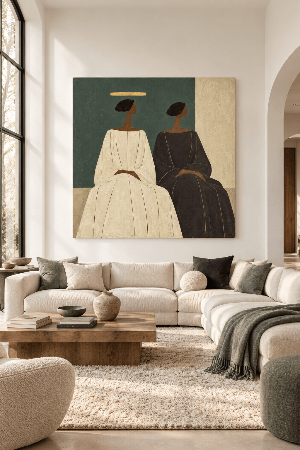 Two Women In Robes Canvas Painting With Gold Halo On Green Background