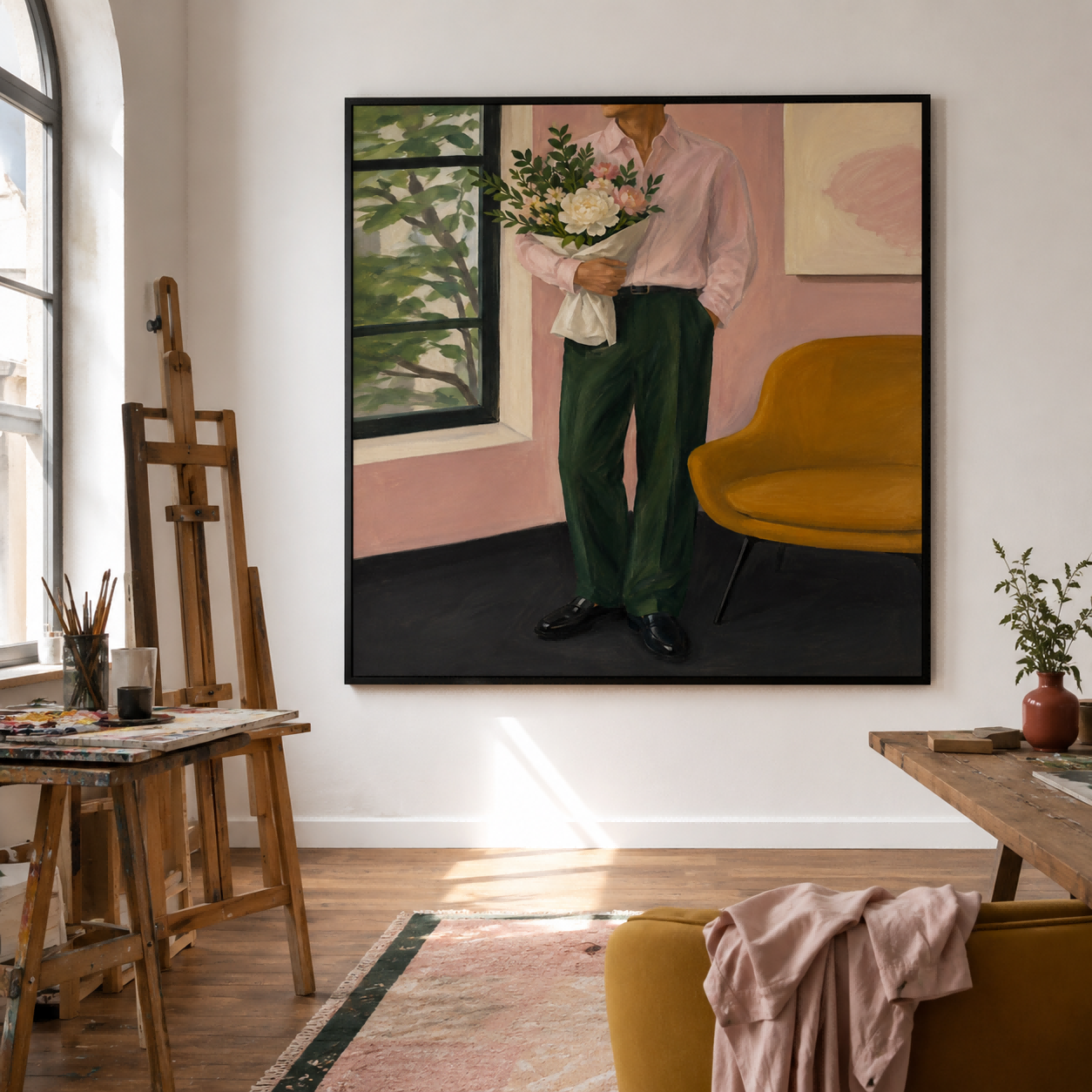 Modern Romantic Figurative Art Canvas Print Gentleman With Bouquet In Warm Tones