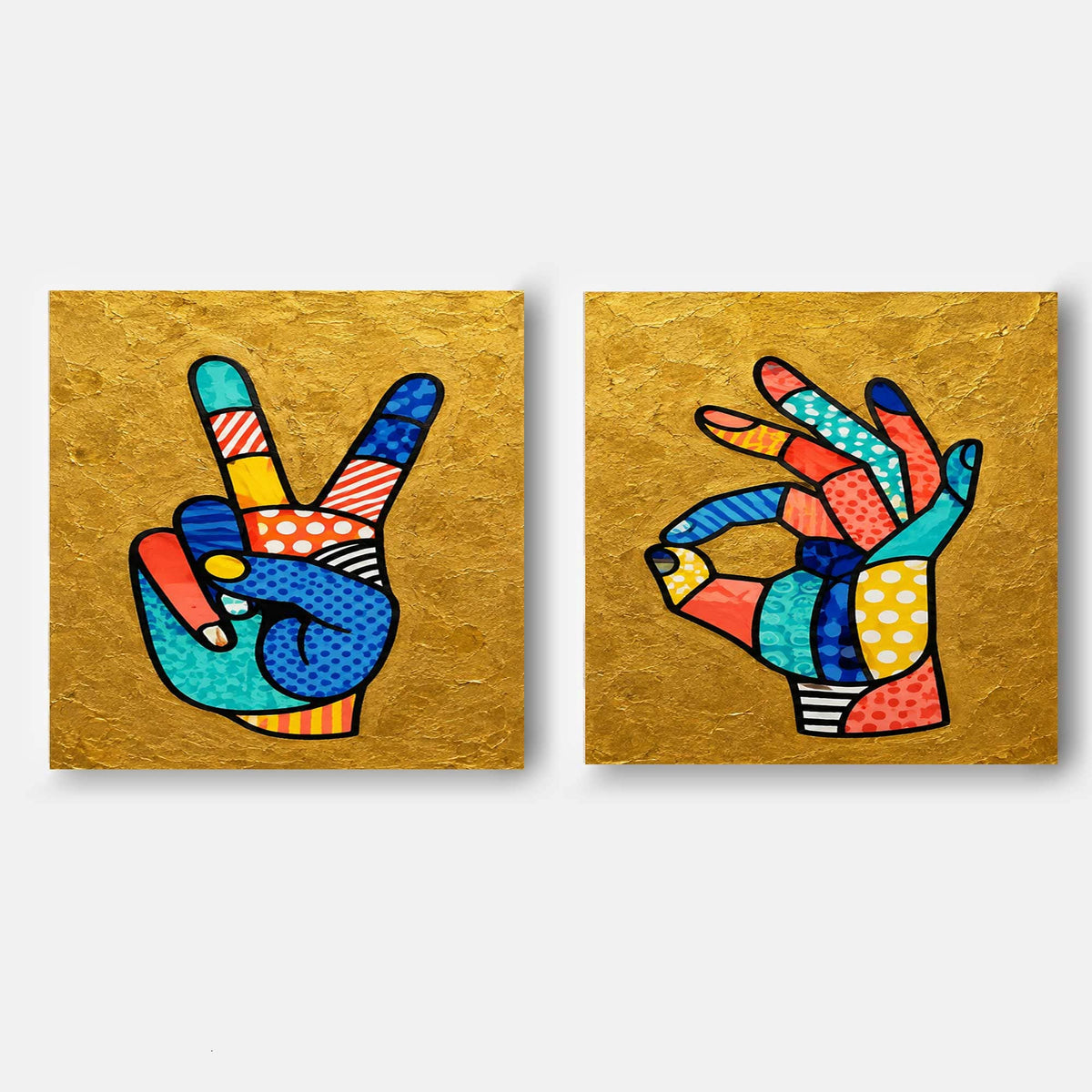 Pop Art Hand Gestures Canvas Painting Set With Gold Background