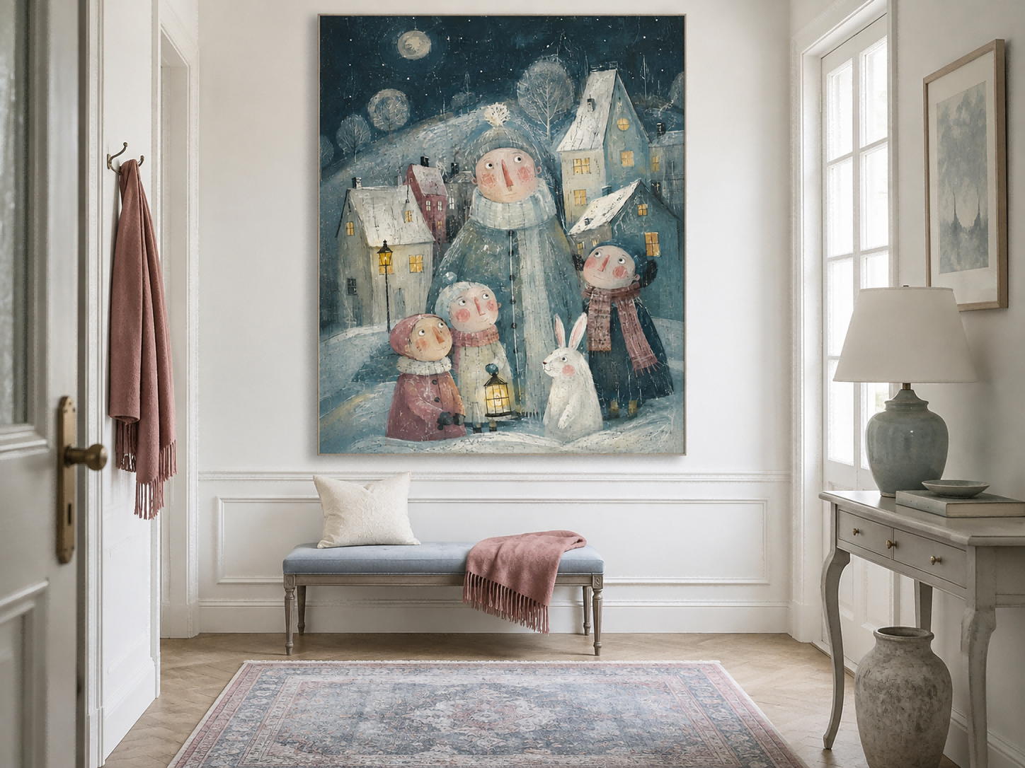 Whimsical Winter Family Scene Hand-Painted Canvas Art With Rabbit And Moon