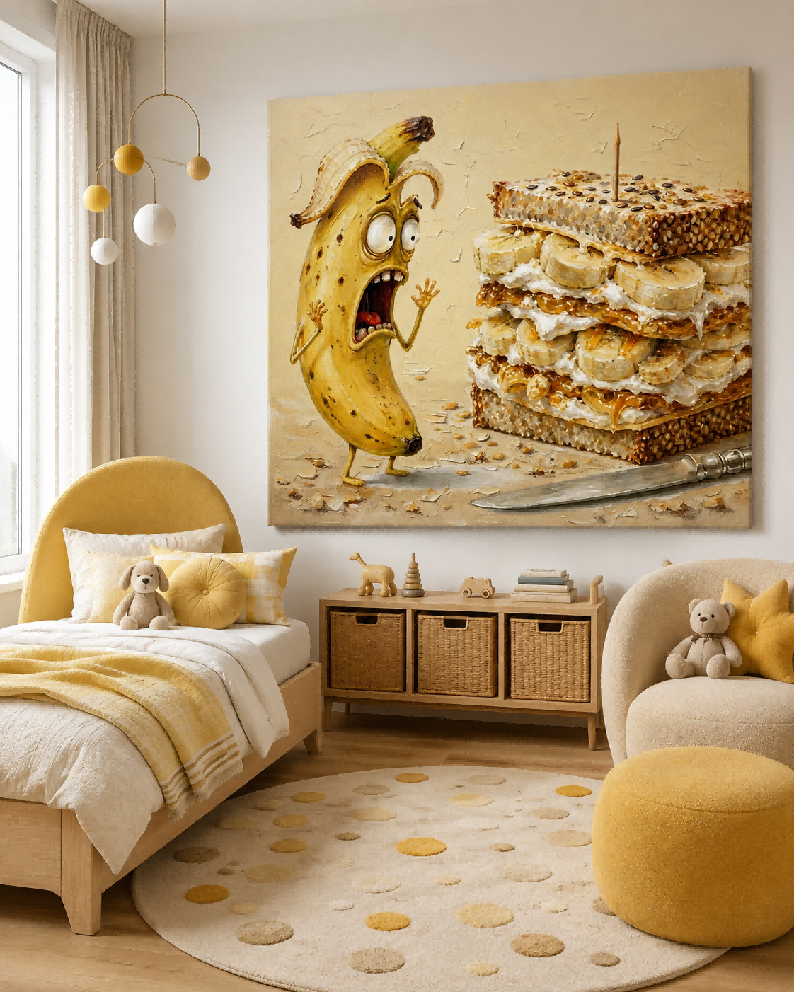 Cute Pop Surrealism Oil Painting Of Funny Banana And Sandwich For Home