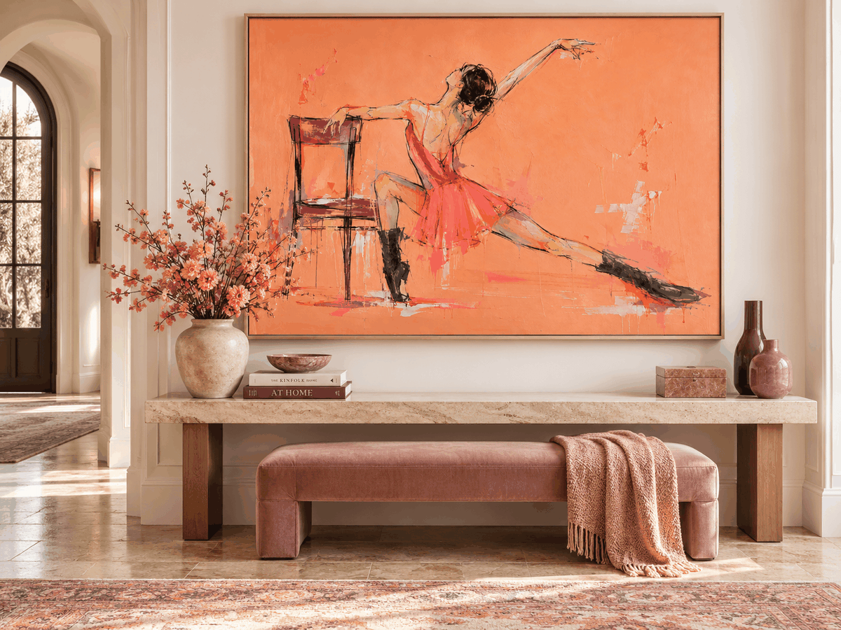 Vintage Modern Textured Art Hand-Painted Abstract Figure In Peach And Black Abstract Dancer Canvas Painting