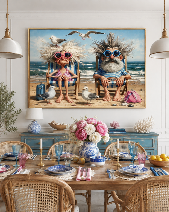 Retro Vintage Style Funny People Painting With Blue Sky And Ocean Waves