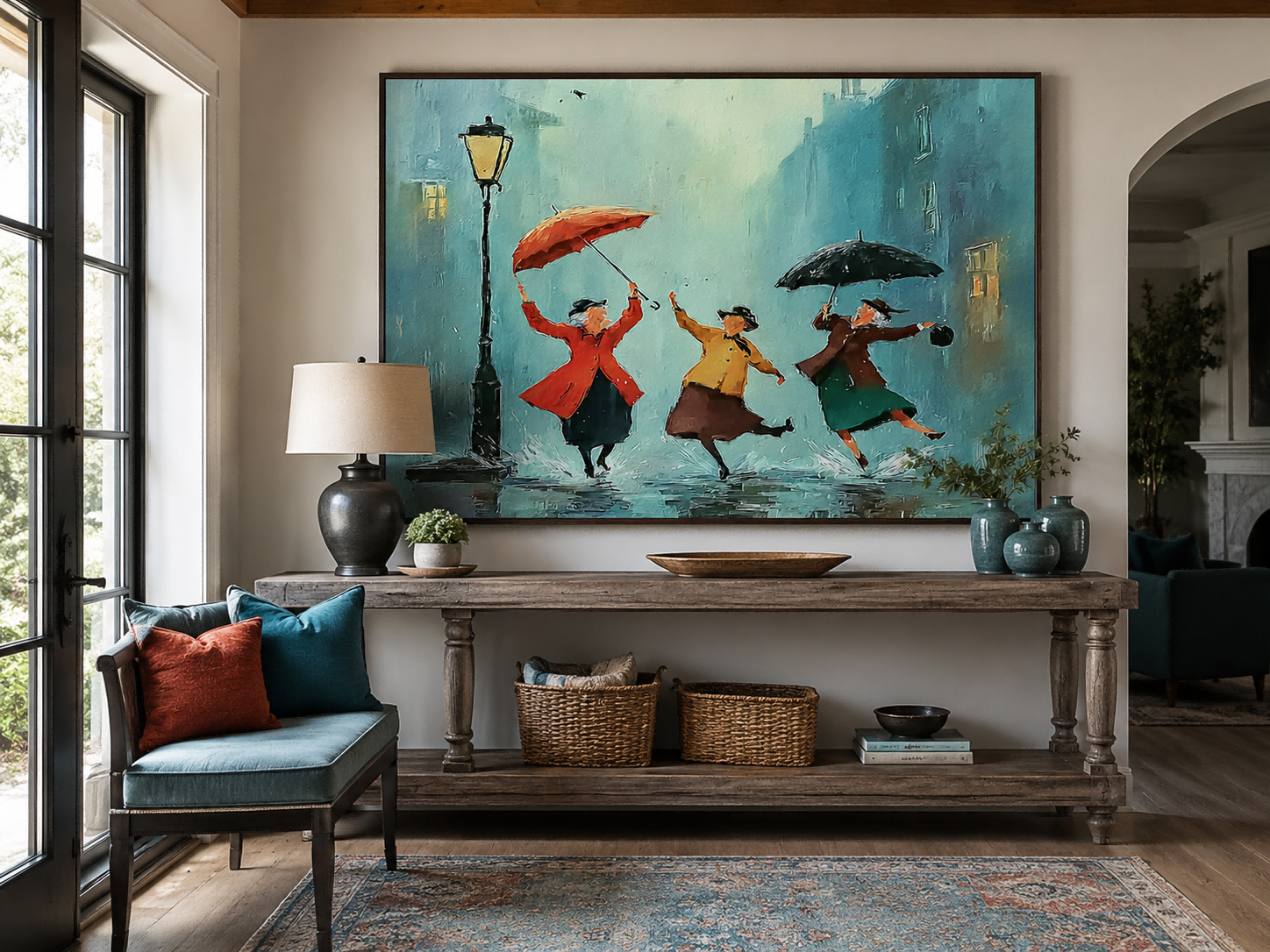 Vintage Style Oil Painting Depicting Friendship In City Rain With Umbrellas And Reflections For Lounge Wall Decor