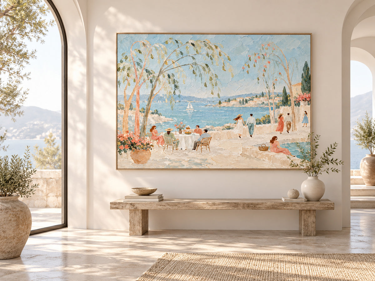 Hand-Painted Mediterranean Sea View With Sailboats And Terrace Gathering Canvas Art