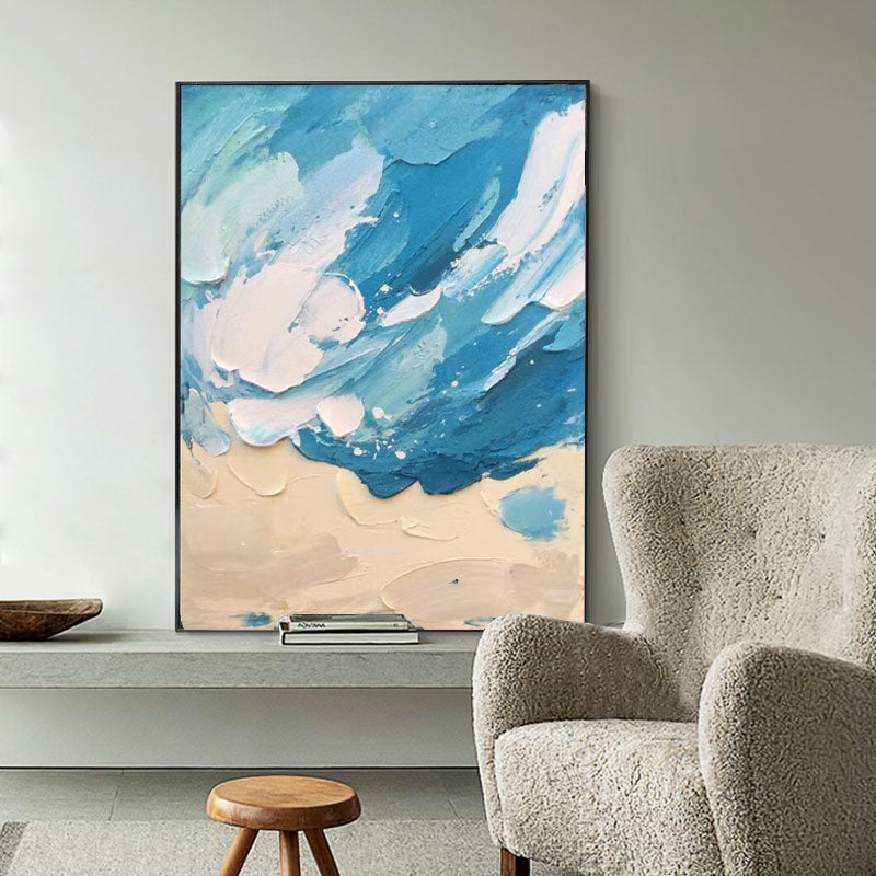 Blue Original Sea Abstract Oil Painting Large Sea 3D Texture Painting Ocean Canvas Wall Art Living Room Decor