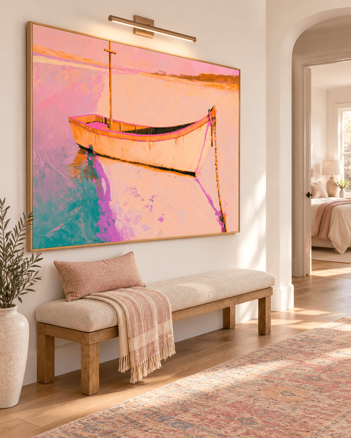 Hand-Painted Boat On Water Canvas Art With Pink Sunset