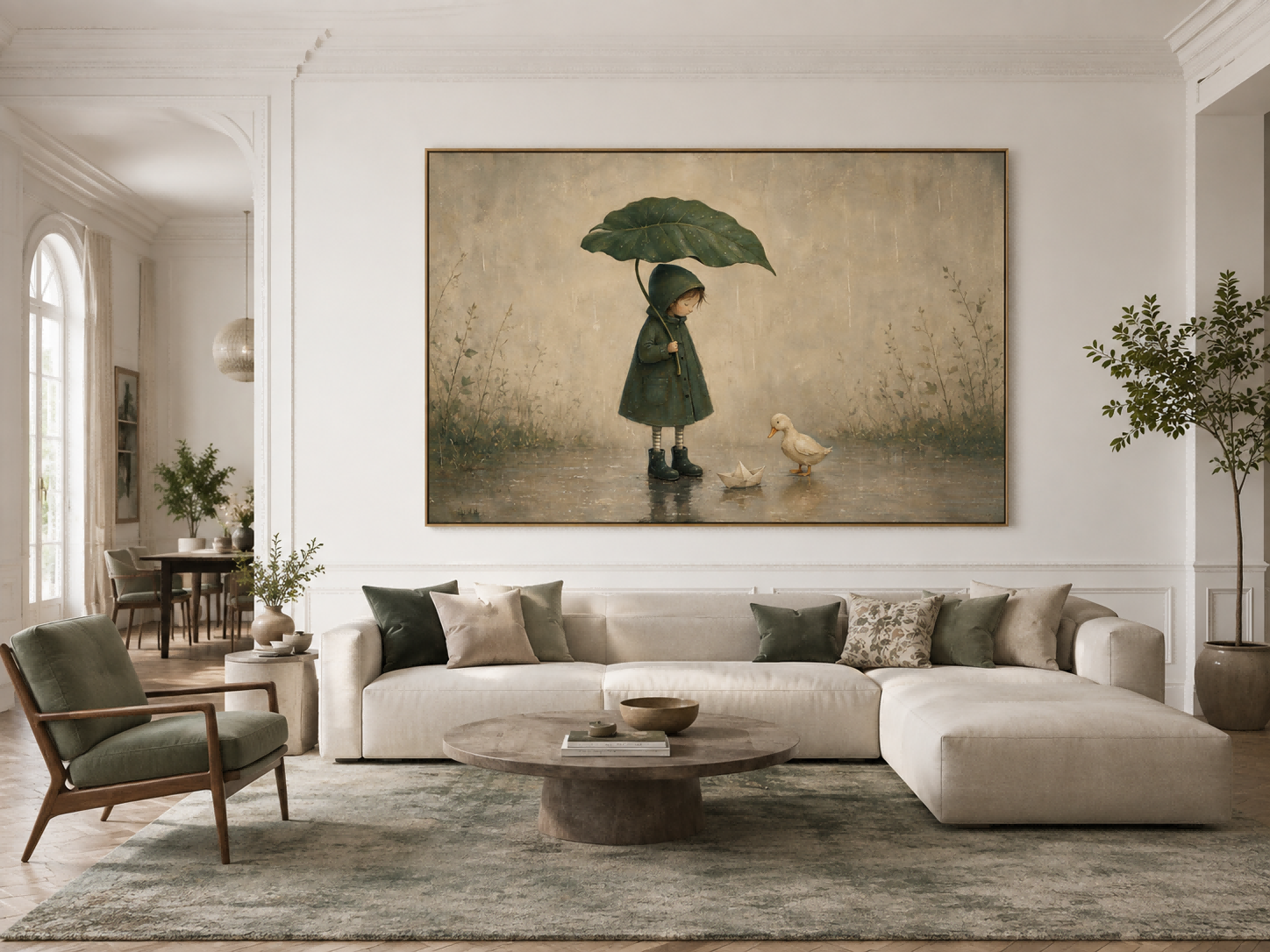 Vintage Style Rain Scene Painting With Paper Boat And Duckling For Wall Decor