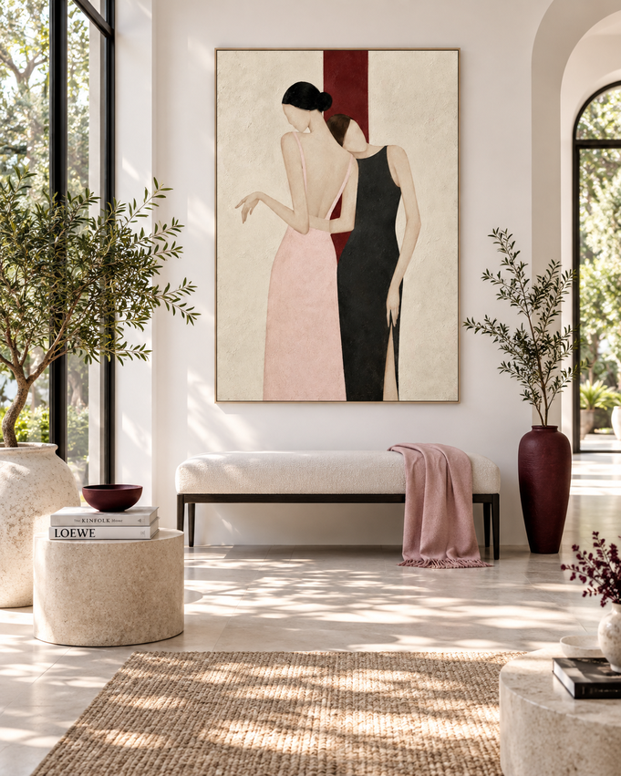 Two Women Embrace Minimalist Canvas Painting In Pink And Black